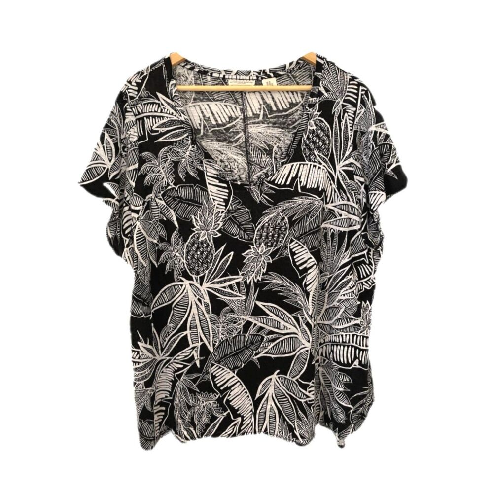 Christian Siriano Black and Cream Tropical Linen V-Neck Top Size 1X Beach Sunny